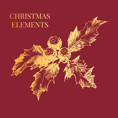 Gold christmas elements for celebration decoration design. Vintage vector illustration. Vector graphic elements. Merry christmas card. Festive set isolated. New year