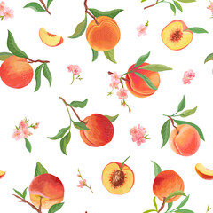Obraz premium Watercolor peach seamless pattern, tropic fruits, leaves, flowers texture. background illustration