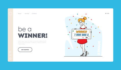 Lucky Woman Rejoice for Get Paycheck Win Landing Page Template. Lottery Winner Female Character Holding Huge Voucher
