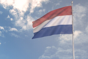 3d rendering of National Flag concept. Flag of Netherlands waving in wind. Blue cloudy sky on background. 