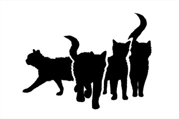 Vector silhouette of collection of cats on white background. Symbol of home animal and pet.