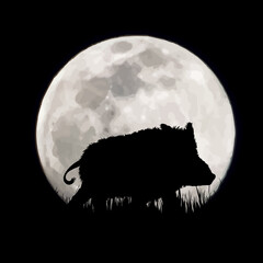 Vector silhouette of wild boar on moon background. Symbol of night and forest animals.
