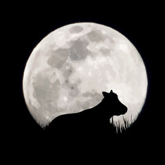 Vector silhouette of cow on moon background. Symbol of night and farm animals.