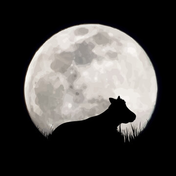 Vector Silhouette Of Cow On Moon Background. Symbol Of Night And Farm Animals.