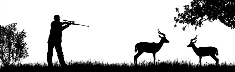 Vector silhouette of poacher hunting antelope in wild nature. Symbol of animal and Africa.