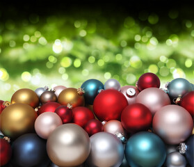 Christmas decorations, pile of glass colored balls isolated on blurred green bright lights, useful as a greeting gift card background 