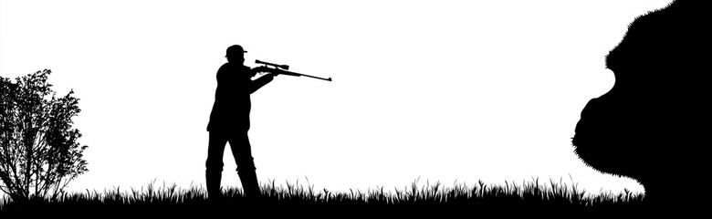 Vector silhouette of poacher hunting gorilla in wild nature. Symbol of animal and Africa. © majivecka