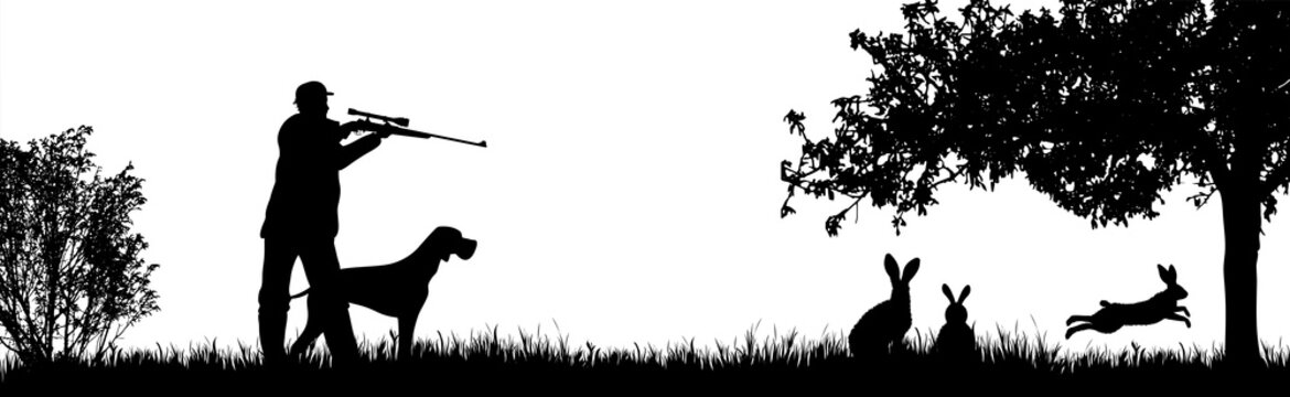 Vector silhouette of hunter with dog hunting hare in forest. Symbol of animal and nature.