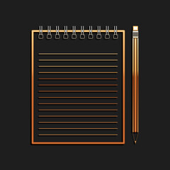 Gold Blank notebook and pencil with eraser icon isolated on black background. Long shadow style. Vector.