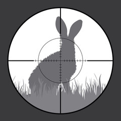 Vector silhouette of hare in rifle sight while hunting. The hunter watches his victim.