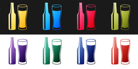 Set Beer bottle and glass icon isolated on black and white background. Alcohol Drink symbol. Vector.