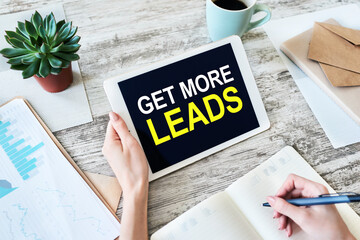 Get more leads banner. Digital marketing and sales increase concept on device screen.