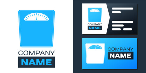 Logotype Bathroom scales icon isolated on white background. Weight measure Equipment. Weight Scale fitness sport concept. Logo design template element. Vector.