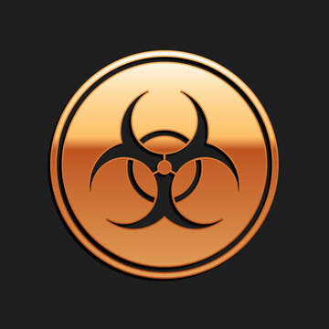 Gold Biohazard symbol icon isolated on black background. Long shadow style. Vector.