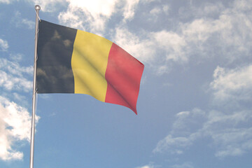 3d rendering of National Flag concept. Flag of Belgium waving in wind. Blue cloudy sky on background. 