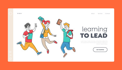 Happy Classmates Jump Landing Page Template. Adult Pupils Characters with Backpacks Rejoice with Hands Up Jumping