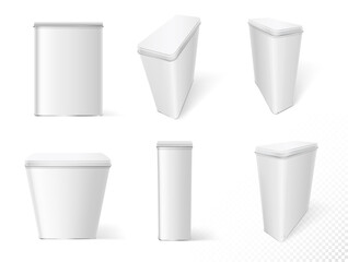 Metal containers for dry products storage. White boxes with lids mockups template