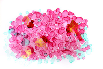 Transparent pink and gold watercolor drops on white background. Bubbles texture imitation.