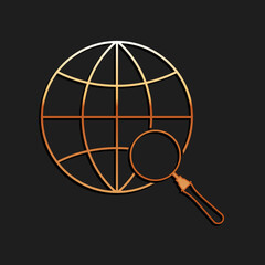 Gold Magnifying glass with globe icon isolated on black background. Analyzing the world. Global search sign. Long shadow style. Vector.