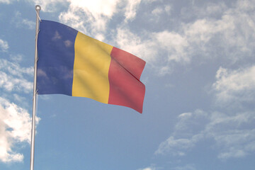 3d rendering of National Flag concept. Flag of Romania waving in wind. Blue cloudy sky on background. 
