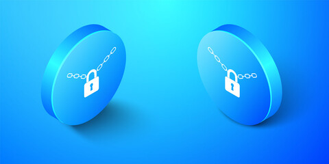 Isometric Metal chain and lock icon isolated on blue background. Padlock and steel chain. Blue circle button. Vector.
