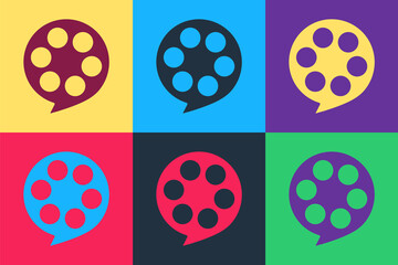 Pop art Film reel icon isolated on color background. Vector.