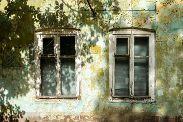 Two Windows on the facade of the old building. Vintage Windows on a light wall