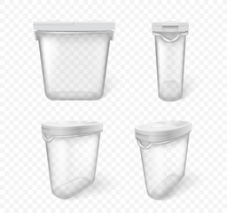 Empty plastic food containers realistic transparent with white cap on white background
