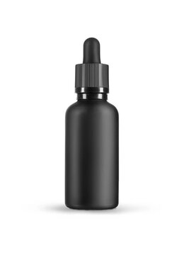 Luxury Small Black Matte Glass Dropper Bottle Front View. Mockup Isolated On White Background.