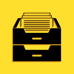 Black Drawer with documents icon isolated on yellow background. Archive papers drawer. File Cabinet Drawer. Office furniture. Long shadow style. Vector.