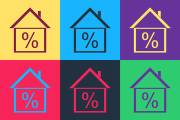 Pop art House with discount tag icon isolated on color background. House percentage sign price. Real estate home. Credit percentage symbol. Money loan. Vector.