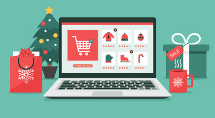 Christmas online shopping concept on laptop screen with gift boxes, shopping bags, and Christmas tree on desk, winter holidays sales, vector flat illustration