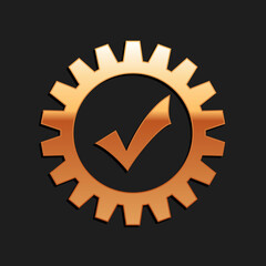 Gold Gear with check mark icon isolated on black background. Cogwheel simple icon. Approved service sign. Transmission Rotation Mechanism symbol. Long shadow style. Vector.