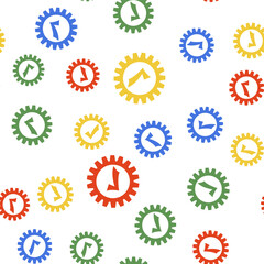 Color Gear with check mark icon isolated seamless pattern on white background. Cogwheel simple icon. Approved service sign. Transmission Rotation Mechanism symbol. Vector.