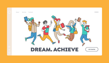 Happy Students Characters Jumping Landing Page Template. Schoolboys or Schoolgirls Laughing, Waving Hand, Back to School