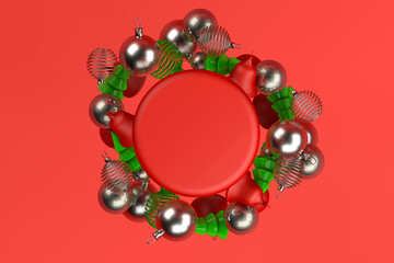 3d rendering of Christmas concept. Christmas ornaments on red background. Gift voucher, certificate, new year, christmas, holiday.