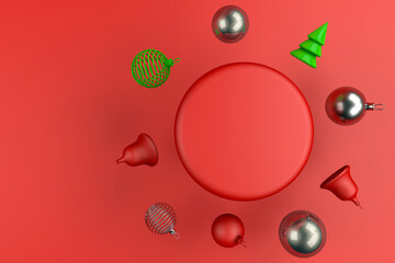 3d rendering of Christmas concept. Christmas ornaments on red background. Gift voucher, certificate, new year, christmas, holiday.