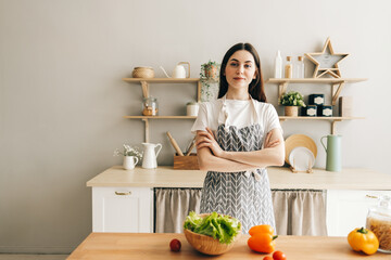 Portrait of young beautiful caucasian woman chef, standing in modern kitchen, cooking food in home.