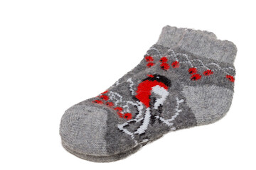 Woolen socks with snigir isolated on white background.