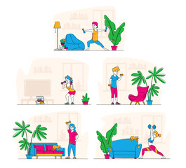 Fototapeta premium Set of Sportswomen Exercising with Dumbbells Concept. Female Characters in Sportswear Workout with Weight at Home, Sport