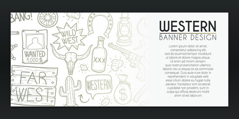 Far West Banner Doodles. Western Background Hand drawn. Cowboy illustration. Vector Horizontal Design.