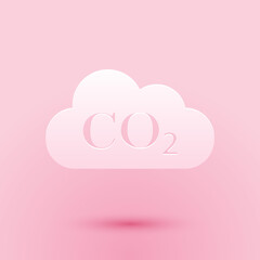 Paper cut CO2 emissions in cloud icon isolated on pink background. Carbon dioxide formula symbol, smog pollution concept, environment, combustion products. Paper art style. Vector.