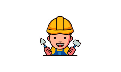 Abstract cartoon illustration of a builder man with a yellow hard hat, holding builder equipment