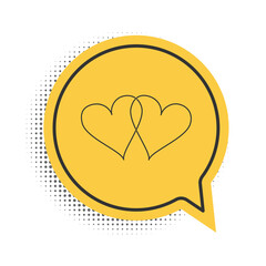 Black Two Linked Hearts icon isolated on white background. Heart two love. Romantic symbol linked, join, passion and wedding. Valentine day symbol. Yellow speech bubble symbol. Vector.