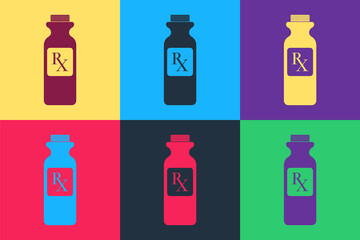 Pop art Pill bottle with Rx sign and pills icon isolated on color background. Pharmacy design. Rx as a prescription symbol on drug medicine bottle. Vector.