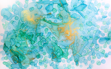 Fototapeta na wymiar Transparent blue handdrawn watercolor drops on white background. Bubbles imitation.