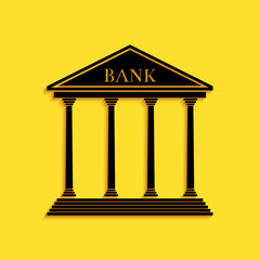 Obraz premium Black Bank building icon isolated on yellow background. Long shadow style. Vector.