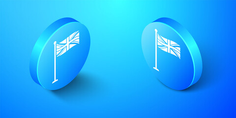 Isometric Flag of Great Britain on flagpole icon isolated on blue background. UK flag sign. Official United Kingdom flag sign. British symbol. Blue circle button. Vector.