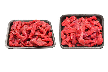 Raw veal slices in container isolated on white background.