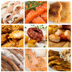 Seafood Collage, Various Sea Food Collection, Different Fish Mix